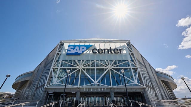 Apr 6, 2024; San Jose, California, USA; A general view of the SAP Center at San Jose exterior before the game between the San Jose Sharks and the St. Louis Blues at SAP Center at San Jose. Mandatory Credit: Robert Edwards-Imagn Images
