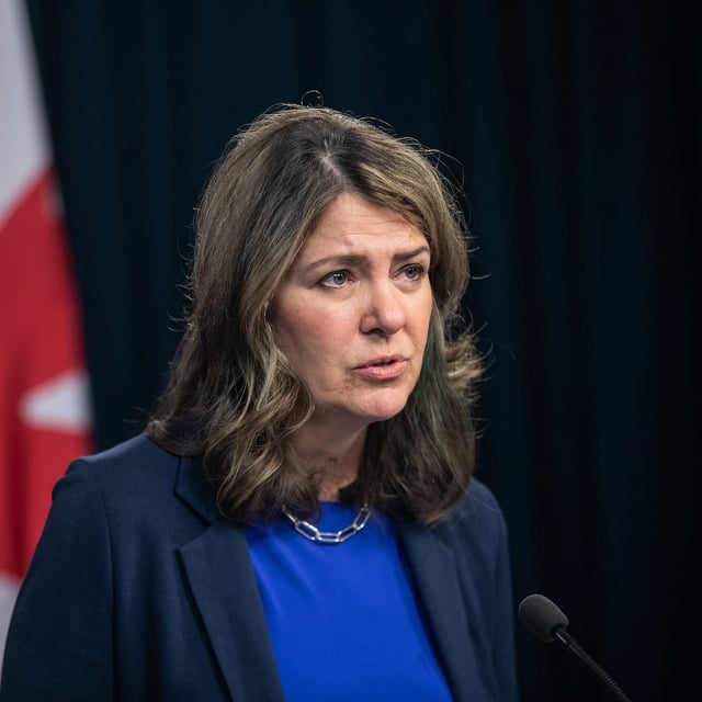 Alberta Premier Danielle Smith at a press conference in Edmonton in May. The Premier insisted at a Tuesday town hall that Ottawa is the rightful target of criticism coming her way.