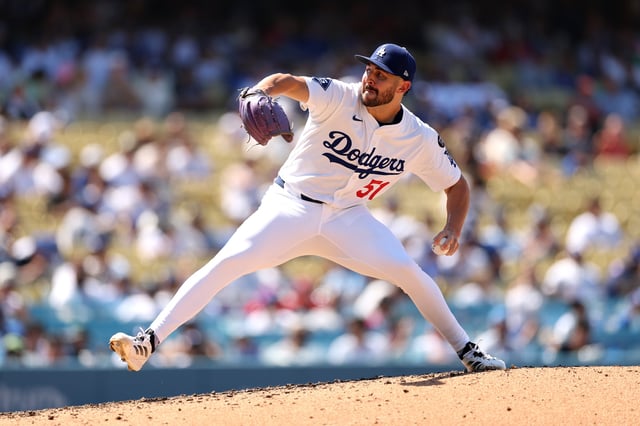 LOS ANGELES, CALIFORNIA - AUGUST 06: Alex Vesia #51 of the Los Angeles Dodgers pitches against the St. Louis Cardinals at Dodger Stadium on August 06, 2025 in Los Angeles, California. (Photo by Luke Hales/Getty Images)