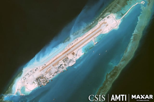 This satellite photo shared by AMTI shows Vietnam's land reclamation activities at Barque Canada Reef in the contested Spratly Islands, on August 1, 2025.