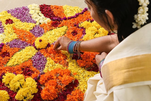 A woman in traditional Kerala attire arranges a colourful pookalam (floral design) with yellow, orange, purple, and red flowers during Onam celebrations.