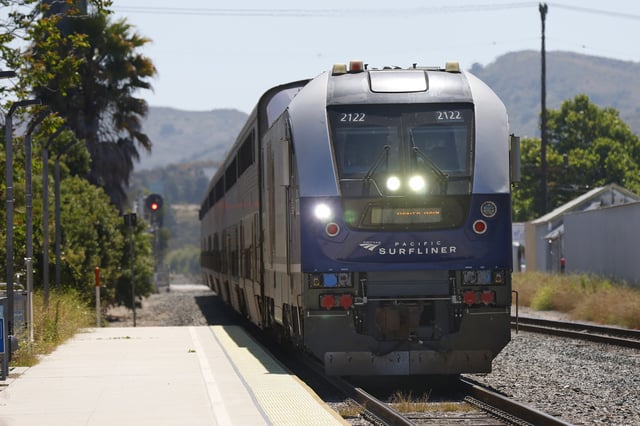 An Amtrak Surfliner train pulls into the Moorpark Train Station in Moorpark, California, on June 15, 2024.
