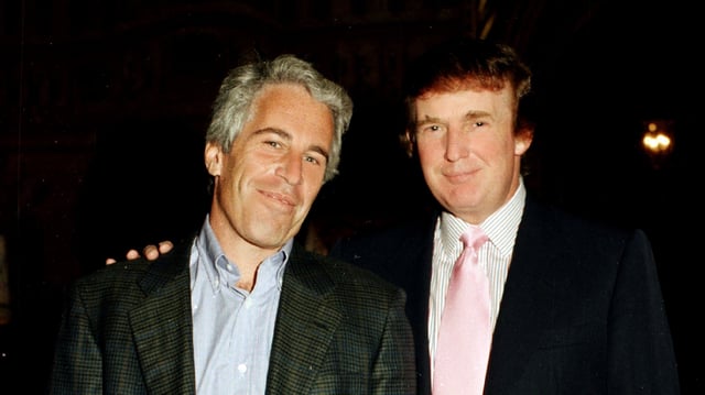 Jeffrey Epstein (left) and Donald Trump at the Mar-a-Lago estate, Palm Beach, Florida, 1997.