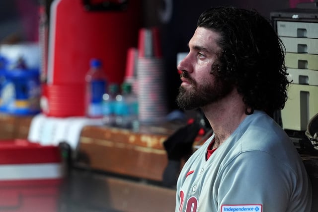 CINCINNATI, OHIO - AUGUST 13: Jordan Romano #68 of the Philadelphia Phillies looks on from the dug out during the game against the Cincinnati Reds at Great American Ball Park on August 13, 2025 in Cincinnati, Ohio. (Photo by Jason Mowry/Getty Images)