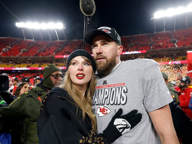 Taylor Swift and Travis Kelce celebrate the Kansas City Chiefs becoming 2025 AFC champions.