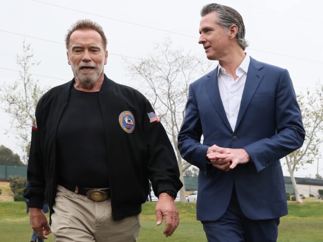 Los Angeles, CA, Friday, March 22, 2024 - California Governor Gavin Newsom and former Governor Schwarzenegger arrive to deliver speeches at a press event sponsored by Campaign for a Safe and Healthy California at a Ladera Heights soccer field. (Robert Gauthier/Los Angeles Times via Getty Images)