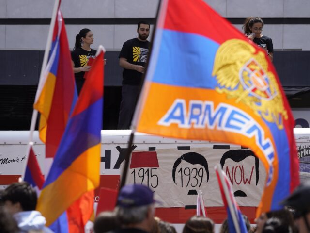 Armenian Americans commemorate the 108th anniversary of the Armenian Genocide Remembrance Day with a protest outside the Consulate of Turkey in Beverly Hills, Calif., Monday, April 24, 2023. (AP Photo/Damian Dovarganes)