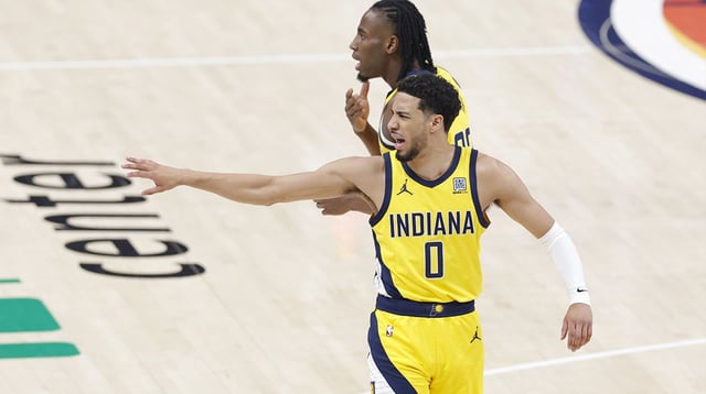 Jun 22, 2025; Oklahoma City, Oklahoma, USA; Indiana Pacers guard Tyrese Haliburton (0) reacts after a play against the Oklahoma City Thunder during the first half of game seven of the 2025 NBA Finals at Paycom Center. Mandatory Credit: Alonzo Adams-Imagn Images.