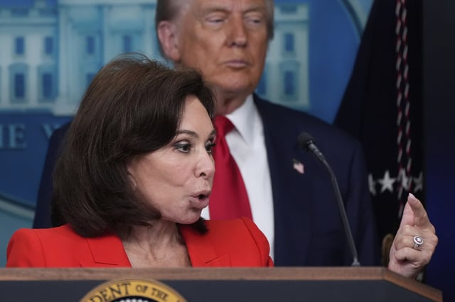 U.S. Attorney for the District of Columbia Jeanine Pirro speaks with reporters in the James Brady Press Briefing Room at the White House, Monday, Aug. 11, 2025, in Washington, as President Donald Trump looks on. (AP Photo/Alex Brandon)