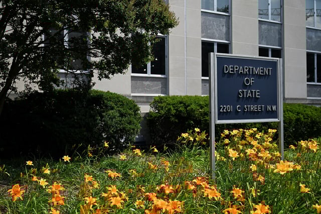 A general view of a U.S. State Department sign outside the U.S. State Department building in Washington, D.C., U.S., July 11, 2025. REUTERS/Annabelle Gordon/File Photo