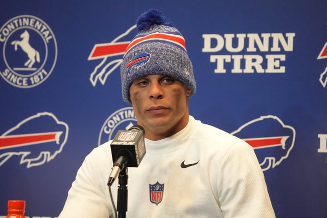 Jan 15, 2024; Orchard Park, New York, USA; Buffalo Bills safety Jordan Poyer (21) at a press conference after a 2024 AFC wild card game at Highmark Stadium. Mandatory Credit: Kirby Lee-USA TODAY Sports/File Photo