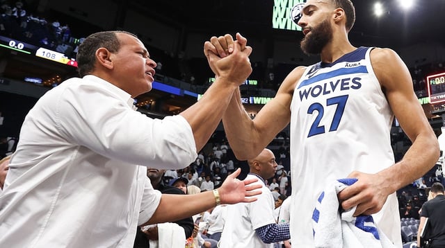 Apr 23, 2023; Minneapolis, Minnesota, USA; Minnesota Timberwolves center Rudy Gobert (27) and owner Alex Rodriguez celebrate after the win of game four of the 2023 NBA Playoffs against the Denver Nuggets at Target Center. Mandatory Credit: Matt Krohn-Imagn Images