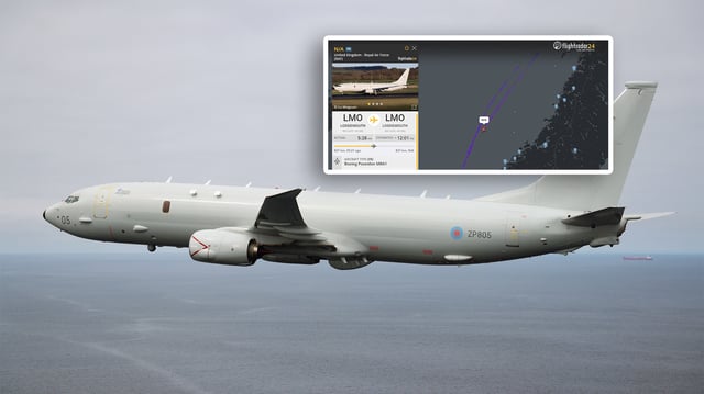 File image of a Royal Air Force Poseidon maritime patrol aircraft, seen here flying over RAF Lossiemouth. (Image credit: Cpl Adam Fletcher/Crown Copyright). Inset: Screenshot showing a P-8 Poseidon MRA1 sortie from RAF Lossiemouth on Aug. 25. (Image credit: Flightradar24)
