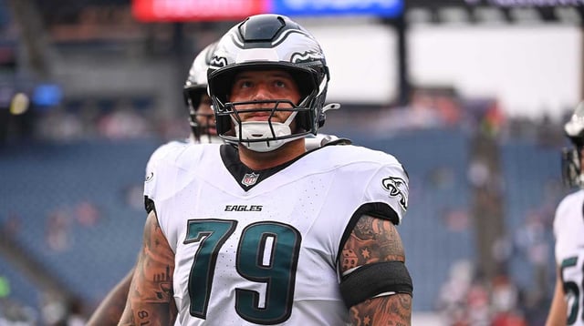 Aug 15, 2024; Foxborough, MA, USA; Philadelphia Eagles guard Trevor Keegan (79) warms up before a game against the New England Patriots at Gillette Stadium. Mandatory Credit: Eric Canha-Imagn Images