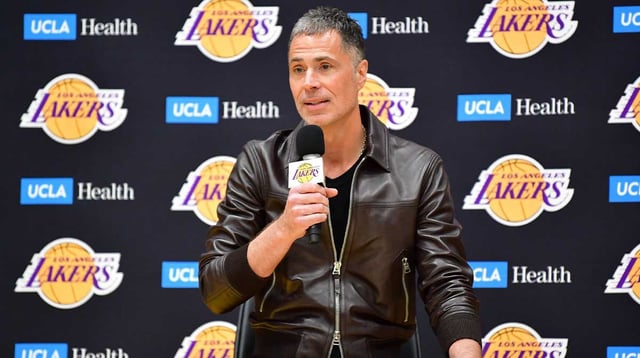 Feb 4, 2025; El Segundo, CA, USA; Los Angeles Lakers vice president of basketball operations and general manager Rob Pelinka speaks before introducing Luka Doncic at UCLA Health Training Center. Mandatory Credit: Gary A. Vasquez-Imagn Images
