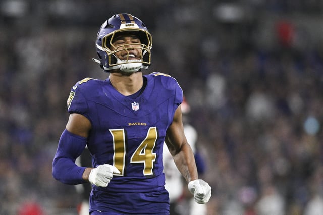 Nov 7, 2024; Baltimore, Maryland, USA; Baltimore Ravens safety Kyle Hamilton (14) reacts after tips a Cincinnati Bengals quarterback Joe Burrow (9) pass during the first quarter  at M&T Bank Stadium. Mandatory Credit: Tommy Gilligan-Imagn Images/File Photo