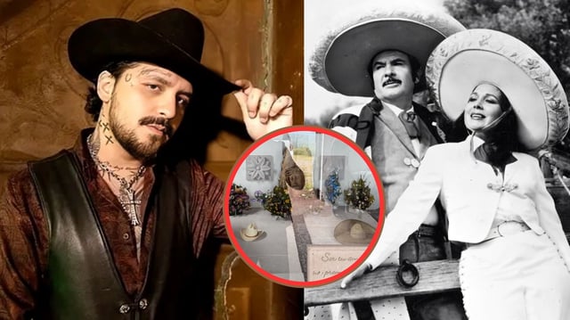 Christian Nodal visita la tumba de los abuelos de Ángela Aguilar en Zacatecas.