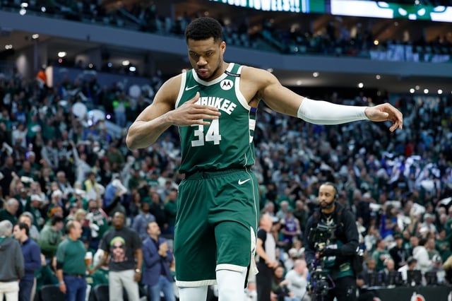Giannis Antetokounmpo #34 of the Milwaukee Bucks before game three of the first round of the 2025 NBA playoffs between the Indiana Pacers and the Milwaukee Bucks at Fiserv Forum on April 25, 2025 in Milwaukee, Wisconsin.