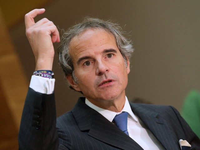 FILE - International Atomic Energy Agency (IAEA) Director General, Rafael Grossi, addresses the media after arriving at the Vienna International Airport in Schwechat, Austria, May 7, 2024.  (AP Photo/Heinz-Peter Bader, File)