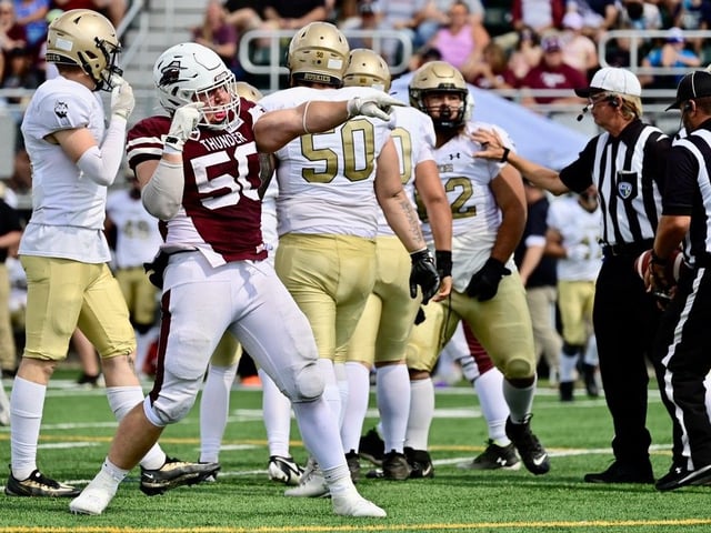 Regina Thunder defensive lineman Jonathan Kampen (50) celebrates a sack during a 57-7 Prairie Football Conference victory over the visiting Edmonton Huskies at Leibel Field on Aug. 24/25.