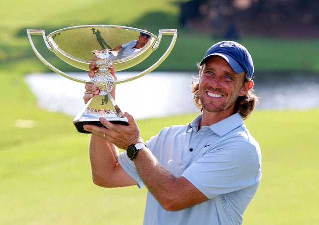 Aug 24, 2025; Atlanta, Georgia, USA; Tommy Fleetwood poses for a photo with the FedExCup Trophy after winning the TOUR Championship golf tournament. Mandatory Credit: Brett Davis-Imagn Images/File Photo