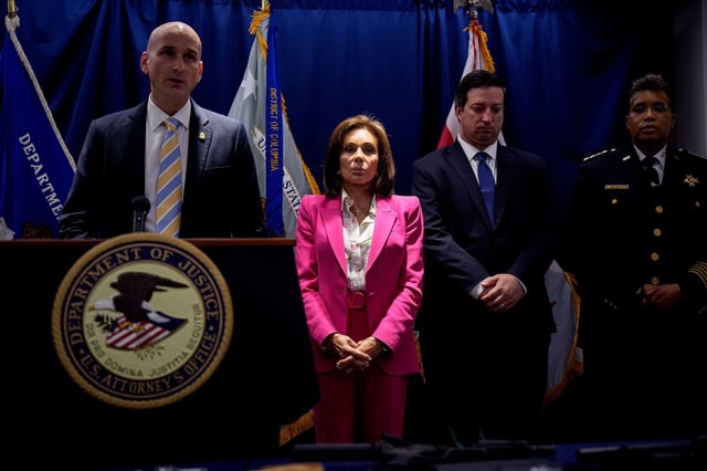 From left: FBI Acting Assistant Director in Charge Phillip Bates, US Attorney for the District of Columbia Jeanine Pirro, the head of violent crime and narcotics trafficking for the US Attorney's office David Hancock and Metropolitan Police Department Chief of Police Pamela Smith, during a news conference in Washington, DC, on August 26, 2025.