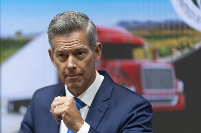 Transportation Secretary Sean Duffy, speaks during a news conference at the U.S. Department of Transportation headquarters, announcing formal action against three states for failing to enforce federal English Language Proficiency (ELP) requirements for commercial motor vehicle drivers, Tuesday, Aug. 26, 2025, in Washington. (AP Photo/Manuel Balce Ceneta)