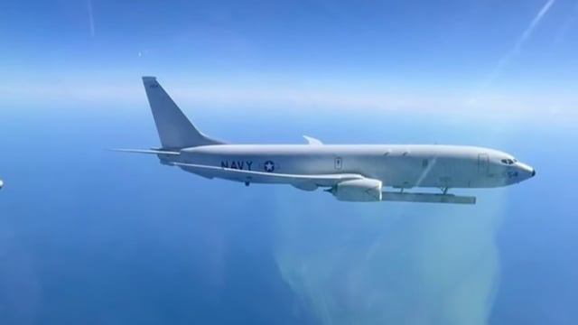 A screengrab from the embedded video showing the P-8 Poseidon over the Black Sea with the AAS extended. (Image credit: Telegram/X)
