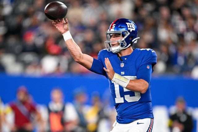 Aug 21, 2025; East Rutherford, New Jersey, USA; New York Giants quarterback Tommy DeVito (15) throws the ball during the third quarter against the New England Patriots at MetLife Stadium. Mandatory Credit: Mark Smith-Imagn Images/File Photo