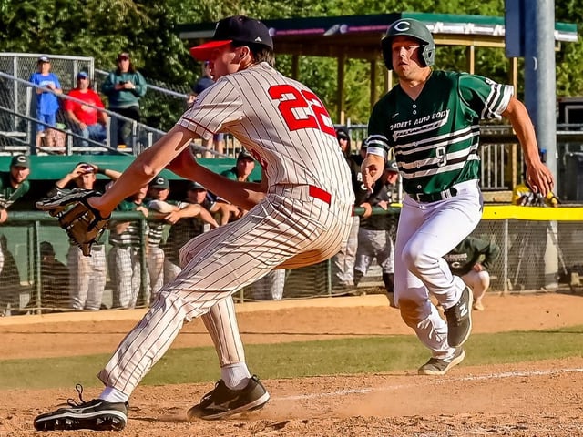  Pinch-runner Jonathan Arsenault, 9, races home to score the game-winning run in the bottom of the seventh inning to lift the Charlottetown Gaudet’s Auto Body Islanders to a 9-8 win over British Columbia on Aug. 23. The win against British Columbia clinched second place in Pool B for the Islanders, who will play for a medal at the 2025 Baseball Canada national senior men’s championship in Regina on Aug. 24.