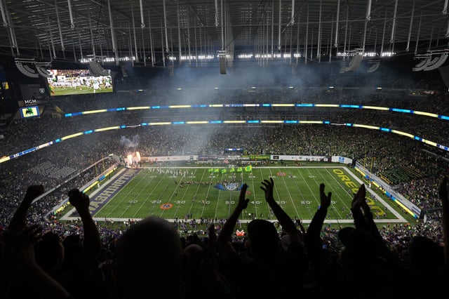 Dec 1, 2023; Las Vegas, NV, USA; A general overall view of Allegiant Stadium during the Pac-12 Championship game between the Washington Huskies and the Oregon Ducks. Mandatory Credit: Kirby Lee-USA TODAY Sports/File Photo