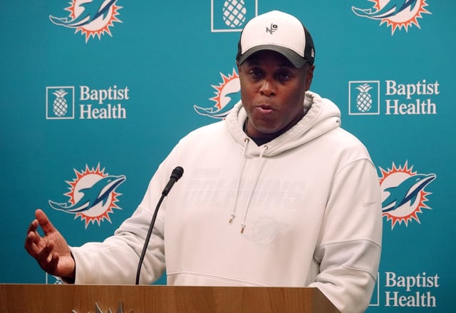Miami Dolphins General Manager Chris Grier speaks to the media Wednesday   at the Baptist Health Training Complex in Miami Gardens. (Joe Cavaretta/South Florida Sun Sentinel)