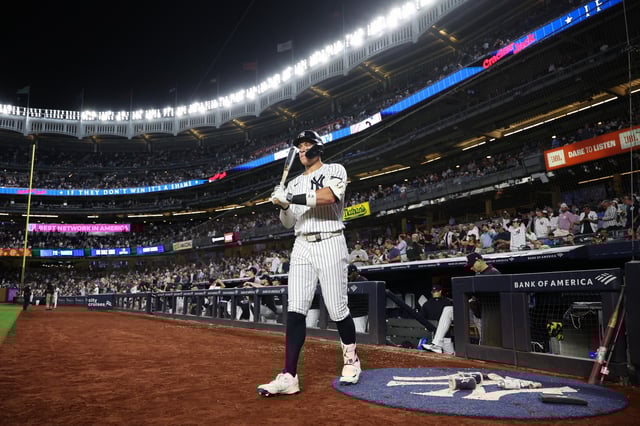 NEW YORK, NY - AUGUST 25: Aaron Judge #99 of the New York Yankees stands in the on deck circle during the game against the Washington Nationals at Yankee Stadium on August 25, 2025 in New York, New York.