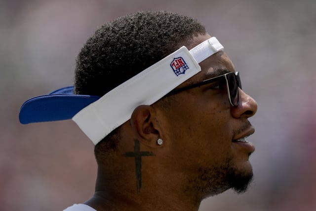 Aug 23, 2025; Cincinnati, Ohio, USA; Indianapolis Colts quarterback Anthony Richardson Sr. (5) walks the sideline prior to the game against the Cincinnati Bengals at Paycor Stadium. Mandatory Credit: Grace Hollars-USAToday Network via Imagn Images/File Photo