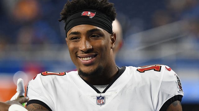 Sep 15, 2024; Detroit, Michigan, USA; Tampa Bay Buccaneers wide receiver Trey Palmer (10) smiles before their game against the Detroit Lions at Ford Field. Mandatory Credit: Eamon Horwedel-Imagn Images