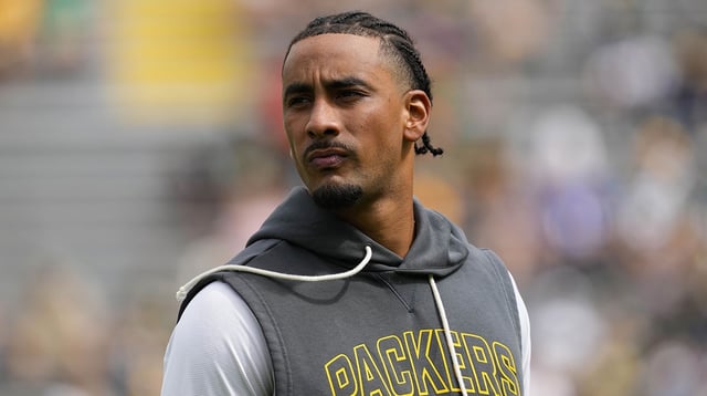 Aug 23, 2025; Green Bay, Wisconsin, USA; Green Bay Packers quarterback Jordan Love (10) during warmups prior to the game against the Seattle Seahawks at Lambeau Field. Mandatory Credit: Jeff Hanisch-Imagn Images