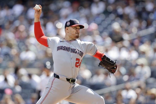 Cade Cavalli #24 of the Washington Nationals pitches during the first inning against the New York Yankees at Yankee Stadium on August 27, 2025 in New York City.