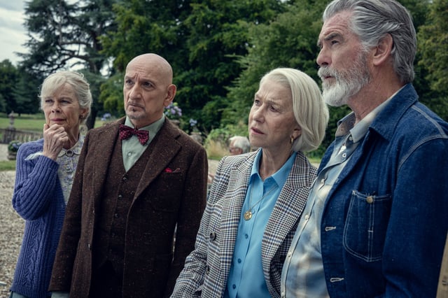 Celia Imrie, Sir Ben Kingsley, Helen Mirren, and Pierce Brosnan in The Thursday Murder Club.