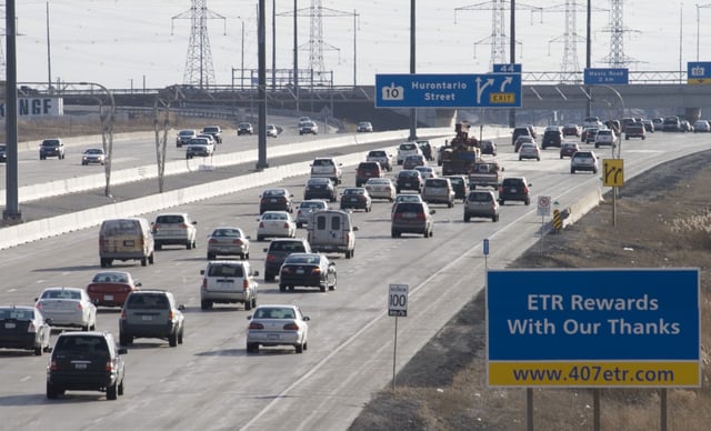 A view of the traffic on Highway 407, southern Ontario's toll highway, looking west from Kennedy Road in Brampton, Ont., Thursday, 12, 2009. The highway is 108 kilometres in length and runs from Burlington in the west to Ajax in the east. 