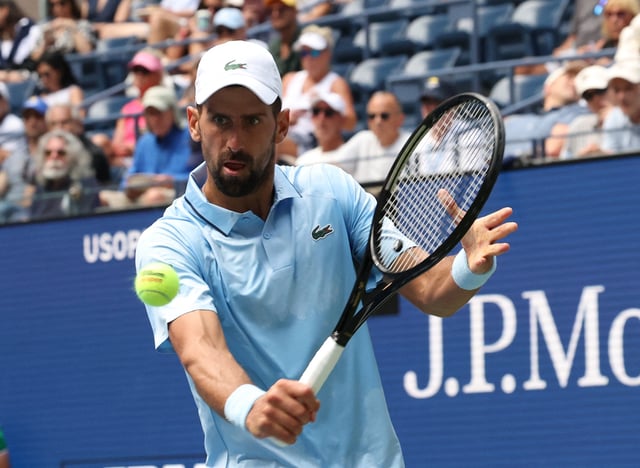 Tennis - U.S. Open - Flushing Meadows, New York, United States - August 27, 2025 Serbia's Novak Djokovic in action during his second round match against Zachary Svajda of the U.S. REUTERS/Brendan Mcdermid