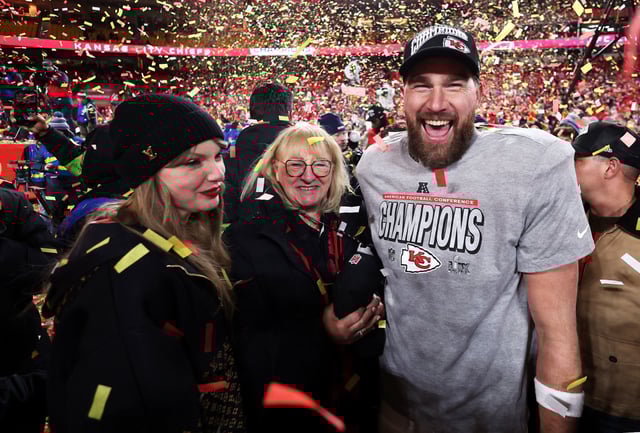 Taylor Swift with Donna Kelce and Travis Kelce after the Kansas City Chiefs won the AFC championship on Jan. 26, 2025.