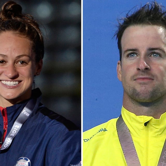 This photo combination shows Megan Romano, of the U.S., at the FINA Swimming World Championships in Barcelona, Spain, Aug. 4, 2013 and Australia's James Magnussen during the 2018 Commonwealth Games on the Gold Coast, Australia, April 6, 2018. (AP Photo/Manu Fernandez, Rick Rycroft)