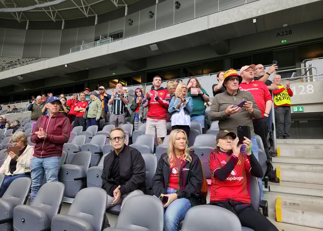 Manchester United fans look on ahead of the team's Women's Champions League qualifier match against PSV Eindhoven, in Stockholm, Sweden, August 27, 2025. REUTERS/Philip O'Connor