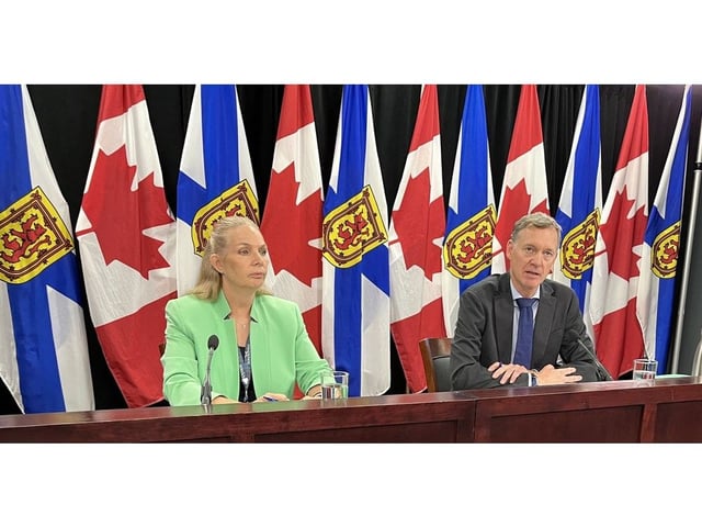  Janice Zinck, executive director of natural resources at the Nova Scotia Natural Resources Department, and Andrew Murphy, associate deputy minister of the department, speak at a technical briefing on the approval of the Goldboro gold mine on Wednesday, Aug. 27, 2025, in Halifax.