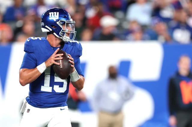 EAST RUTHERFORD, NEW JERSEY – AUGUST 21: Tommy DeVito #15 of the New York Giants in action during the second half of a NFL Preseason 2025 game between New England Patriots and New York Giants at MetLife Stadium on August 21, 2025 in East Rutherford, New Jersey. The Giants won 42-10. (Photo by Ishika Samant/Getty Images)