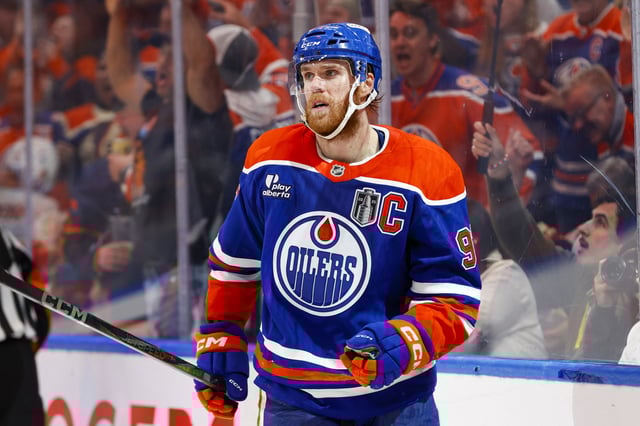 Jun 14, 2025; Edmonton, Alberta, CAN; Edmonton Oilers center Connor McDavid (97) celebrates scoring during the third period against the Florida Panthers in game five of the 2025 Stanley Cup Final at Rogers Place. Mandatory Credit: Perry Nelson-Imagn Images/File Photo