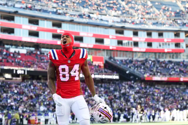 FOXBOROUGH, MASSACHUSETTS - DECEMBER 1: Kendrick Bourne #84 of the New England Patriots yells out prior to the start of the game against the Indianapolis Colts at Gillette Stadium on December 1, 2024 in Foxborough, Massachusetts.
