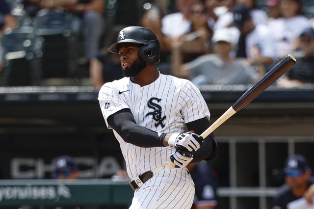 Aug 24, 2025; Chicago, Illinois, USA; Chicago White Sox center fielder Luis Robert Jr. (88) singles against the Minnesota Twins during the first inning at Rate Field. Mandatory Credit: Kamil Krzaczynski-Imagn Images/File Photo