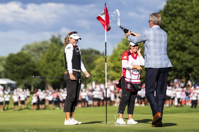 Canada's Brooke Henderson is showered with champagne after winning the CPKC Women's Open at the Mississauga Golf and Country Club in Mississauga, Ont., Sunday, Aug. 24, 2025. THE CANADIAN PRESS/Thomas Skrlj
