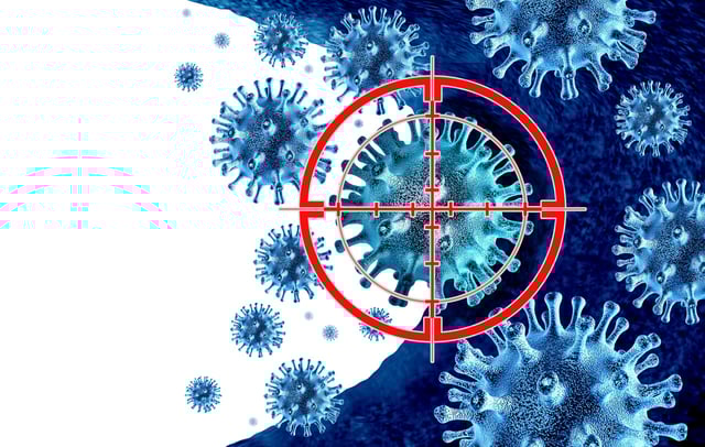 Illustration of antiviral tactics to control pathogens, with a red target sign over the virus.